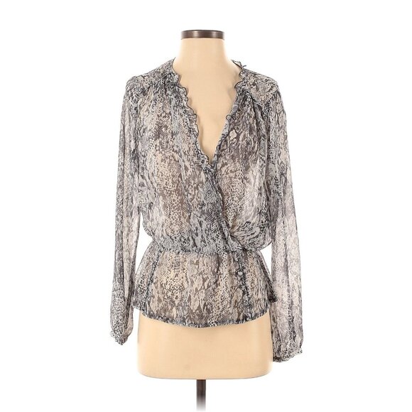 Guess Top Gray Snake Print Sheer Long Sleeve V Neck Ruffle - Picture 2 of 12